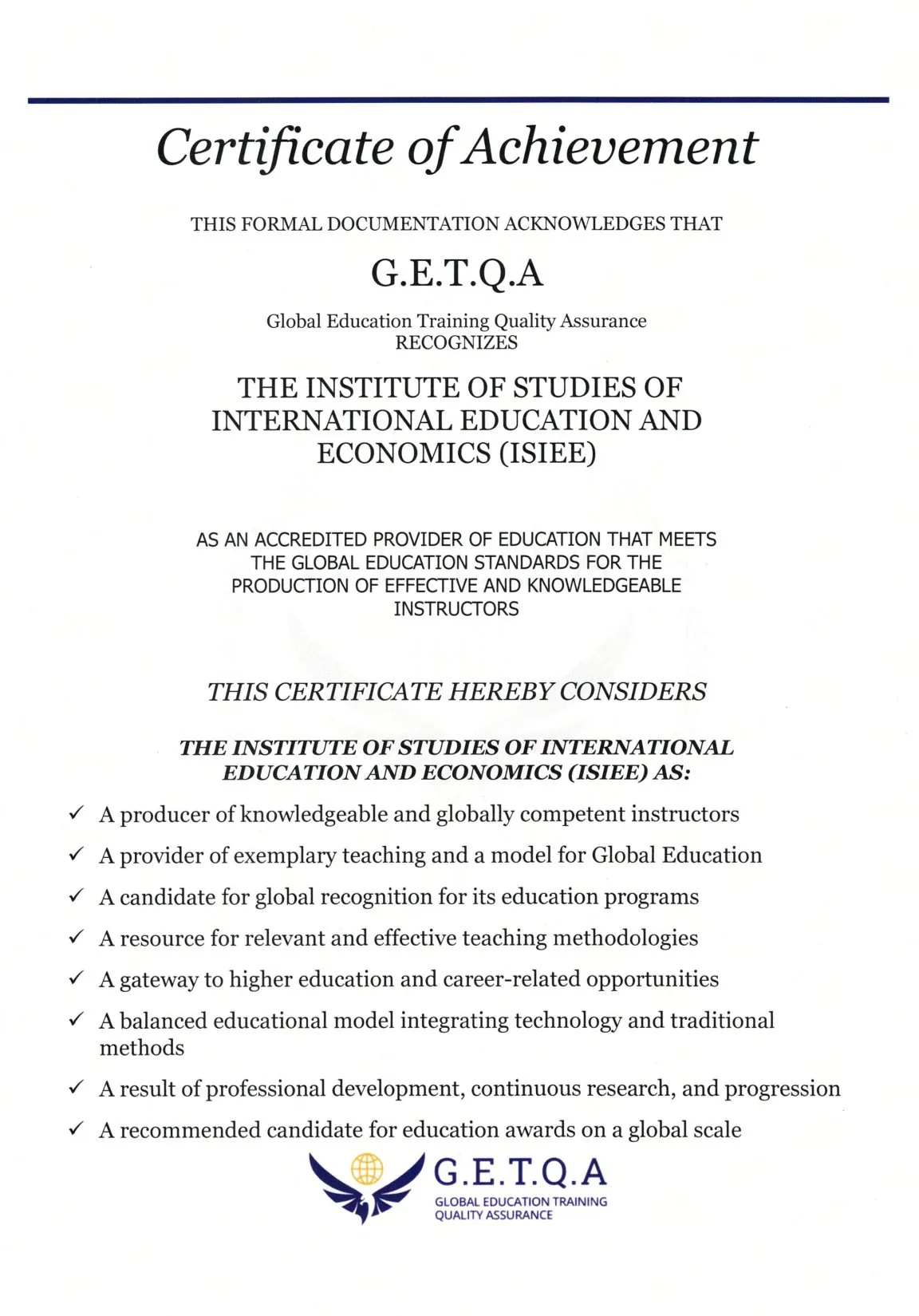 Giấy chứng nhận Certificate of Achievement của Hiệp hội G.E.T.Q.A, liệt kê các tiêu chuẩn Viện ISIEE đạt được