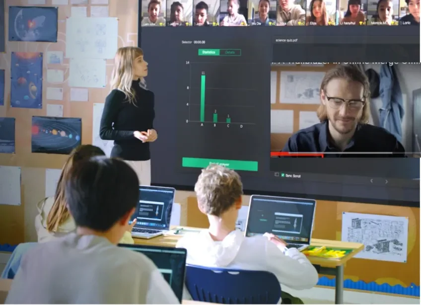 Lớp học Ignite English: giáo viên nước ngoài dạy trực tuyến trên màn hình lớn