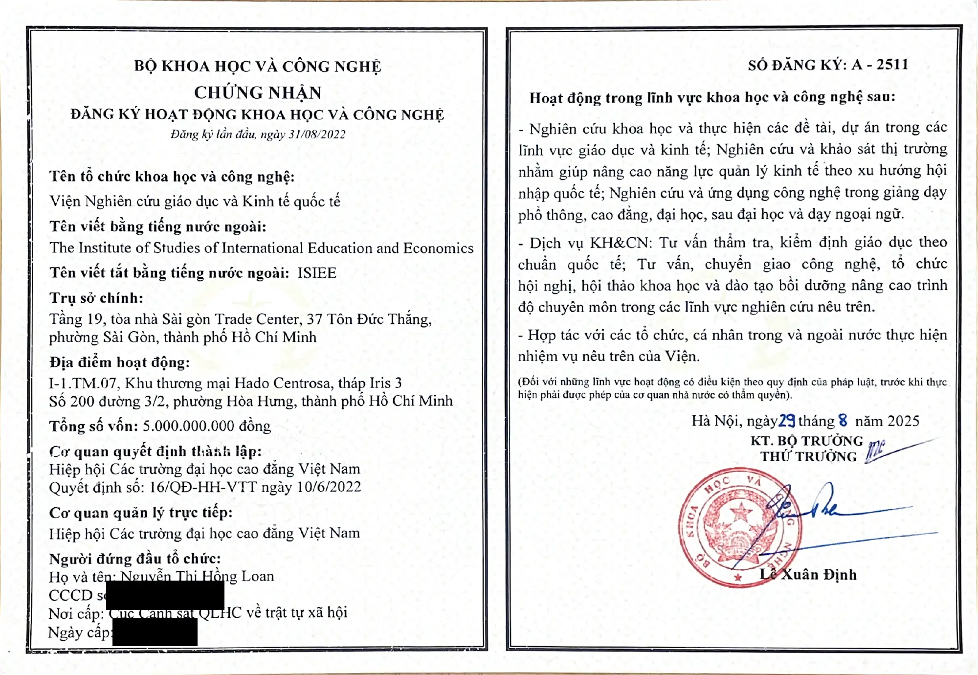 Giấy phép hoạt động và quyết định thành lập Viện ISIEE